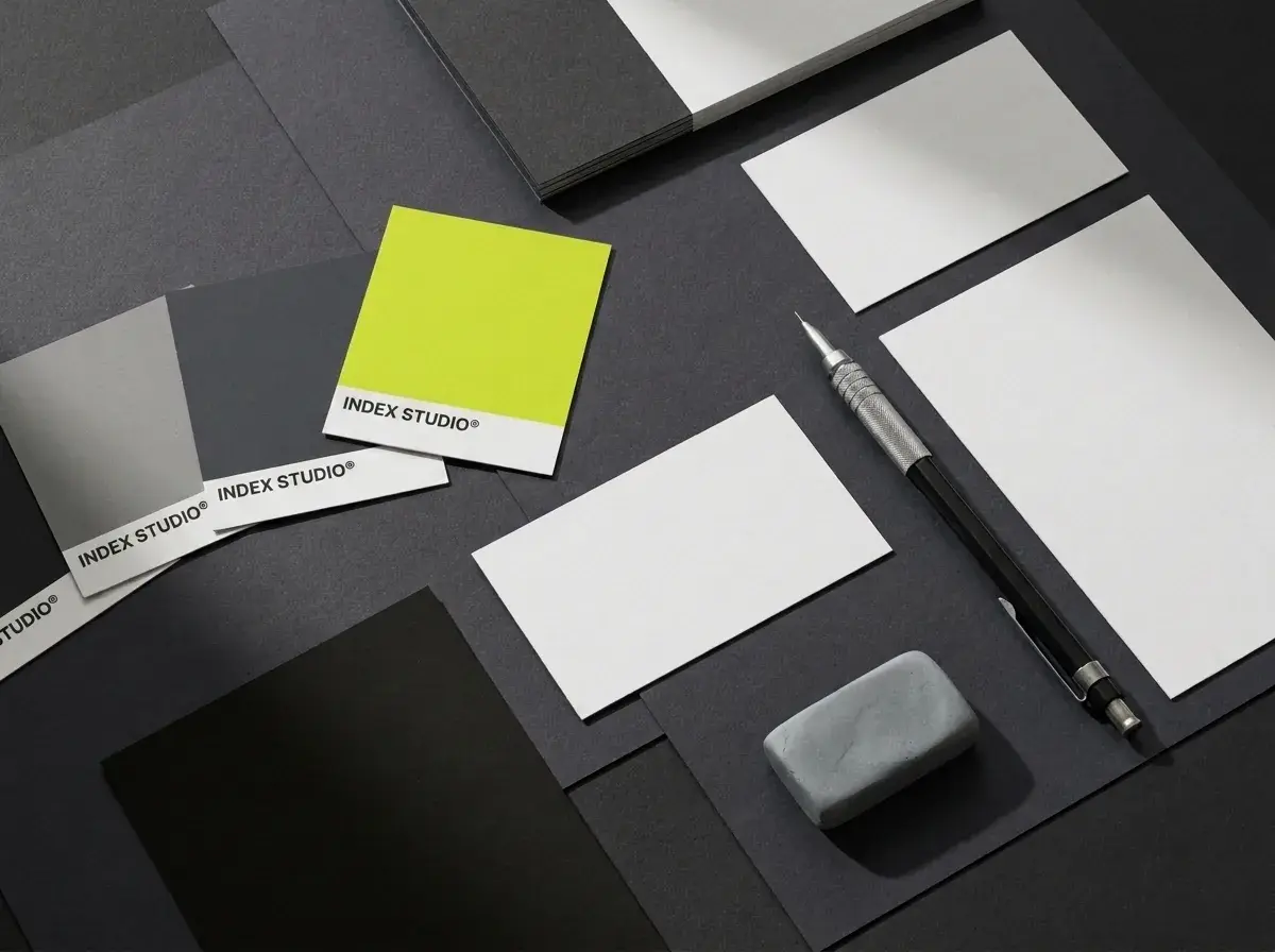 Materiale de branding Index Studio: mostre de culoare cu accentul lime și cărți de vizită