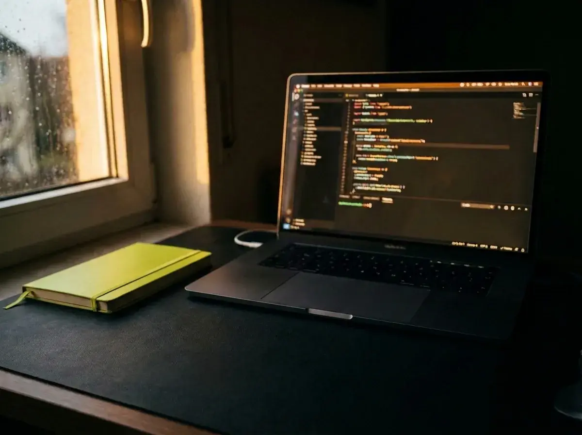 Birou de web designer noaptea: laptop cu editor de cod și caiet lime