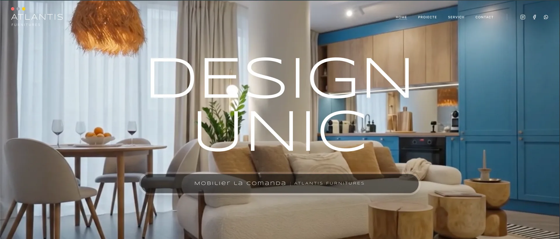 Homepage-ul site-ului Atlantis Furnitures pe desktop, cu mesajul „Design unic"