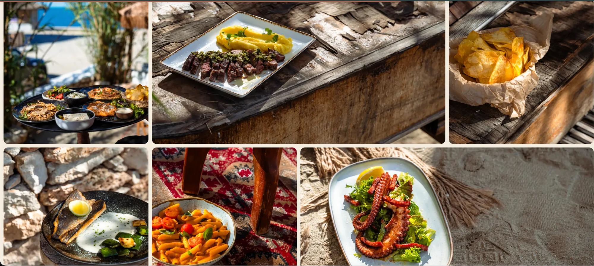 Preparate Yuva Vama Veche: platou mezze, steak cu piure, caracatiță la grătar și paste, bucătărie mediteraneană pe litoral