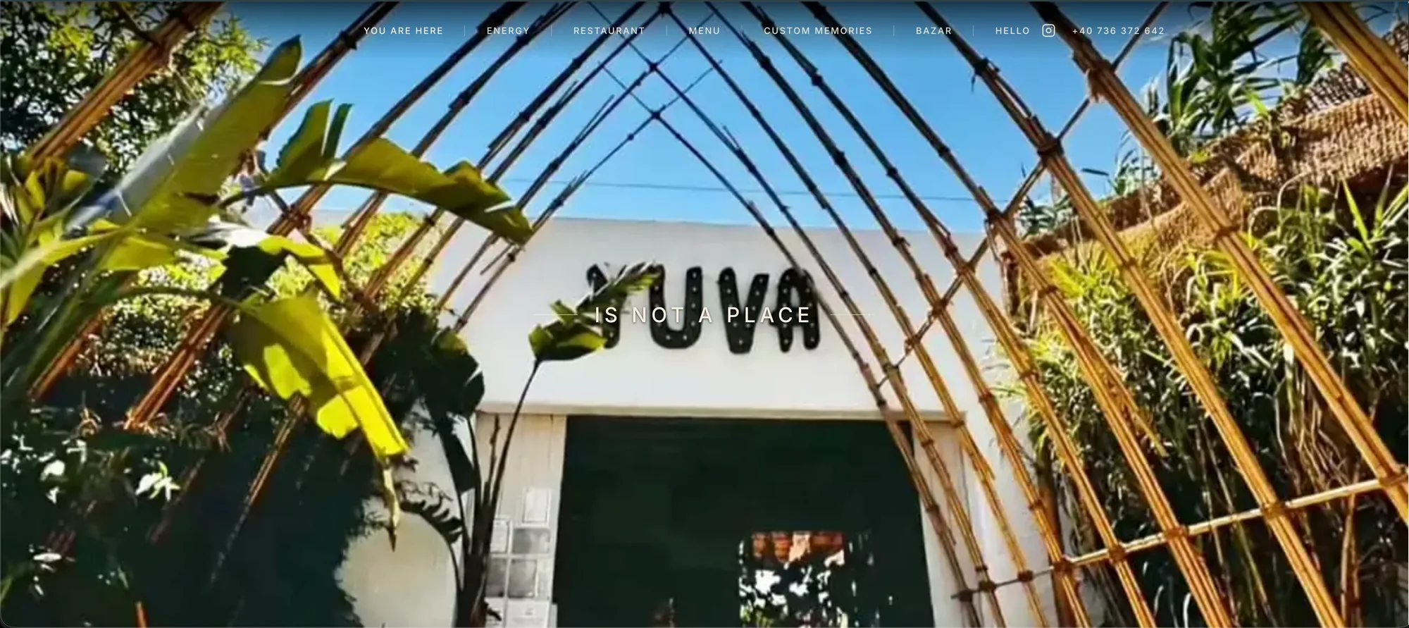 Homepage Yuva Vama Veche pe desktop, cu arcada de bambus de la intrare și sigla luminoasă YUVA