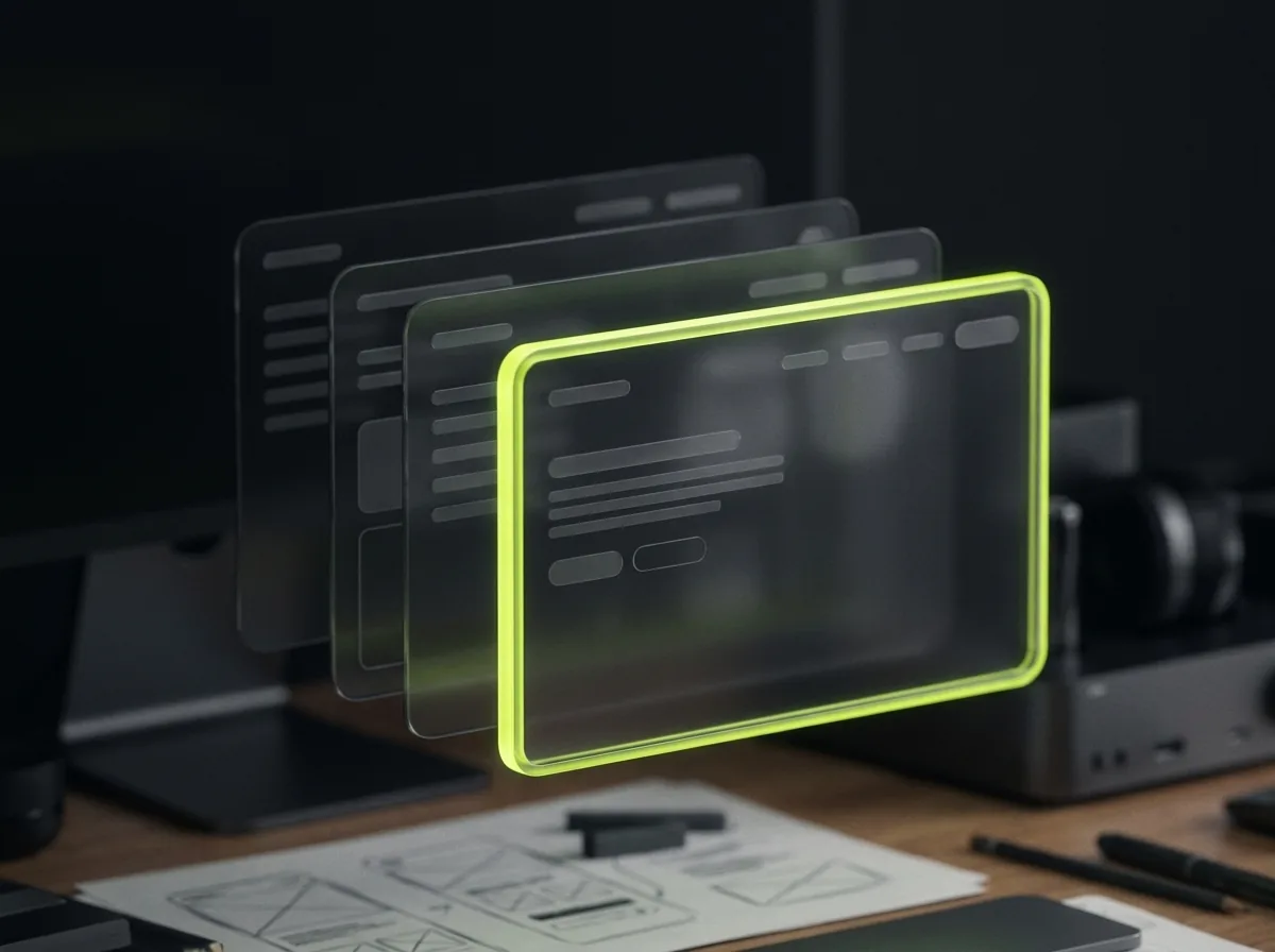 Panouri wireframe de interfață în straturi 3D — proces de UI/UX design Index Studio